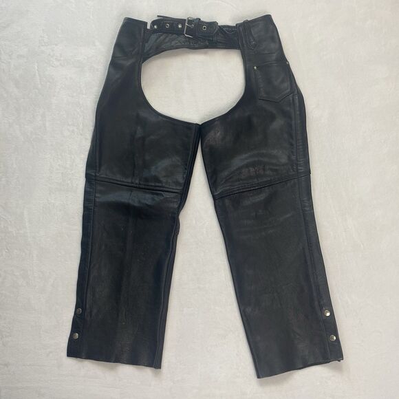 Vintage Barneys Leather Chaps Adult XL Black Leather Motorcycle Riding - Picture 1 of 15